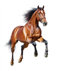 Obraz premium A dynamic and cheerful horse jumping with full energy, its legs extended and mane flying, captured in front of a white background, showcasing its vitality.