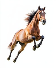 Fototapeta premium A dynamic and cheerful horse jumping with full energy, its legs extended and mane flying, captured in front of a white background, showcasing its vitality.