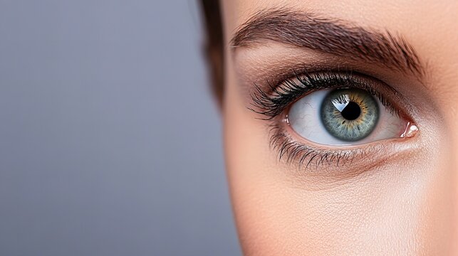 Woman's eye shows light blue iris and long eyelashes against a gray background, demonstrating clear skin texture.