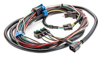 Long Exposure Photo of Automotive Engine Wiring Harness, Isolated White Background, Clipping Path, Detailed Closeup