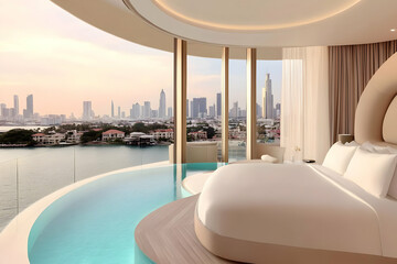 Fototapeta premium Luxurious Bedroom Interior With Pool And City View During Golden Hour Photo