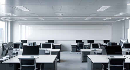 Bright office space with glass whiteboards.