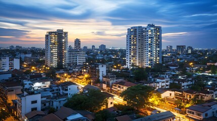 Obraz premium Cityscape View at Twilight with Buildings and Street Lights Glowing