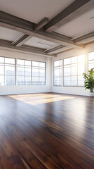 Obraz premium Modern Interior Photo Featuring Sunlight Entering Empty Room with Wooden Floor