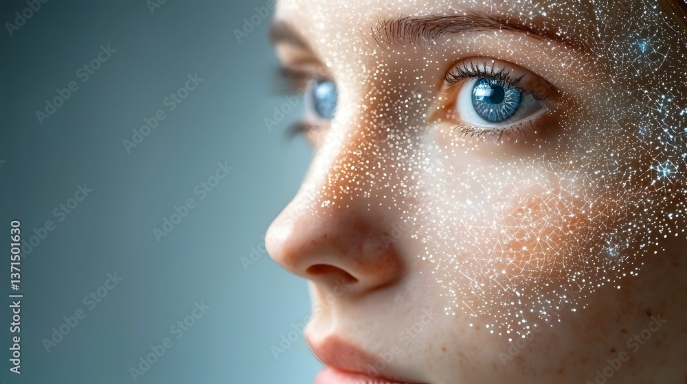 Poster a captivating digital artwork depicting a cybernetic face composed of floating holographic blocks in