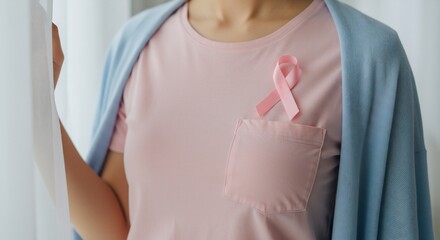 Woman wearing pink shirt with pink ribbon in pocket, breast cancer awareness, healthcare, support