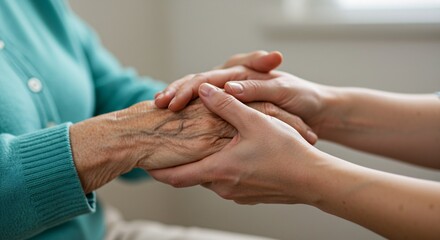 Elderly Woman's Hand Held by a Younger Person's Hand, Showing Intergenerational Care and Support