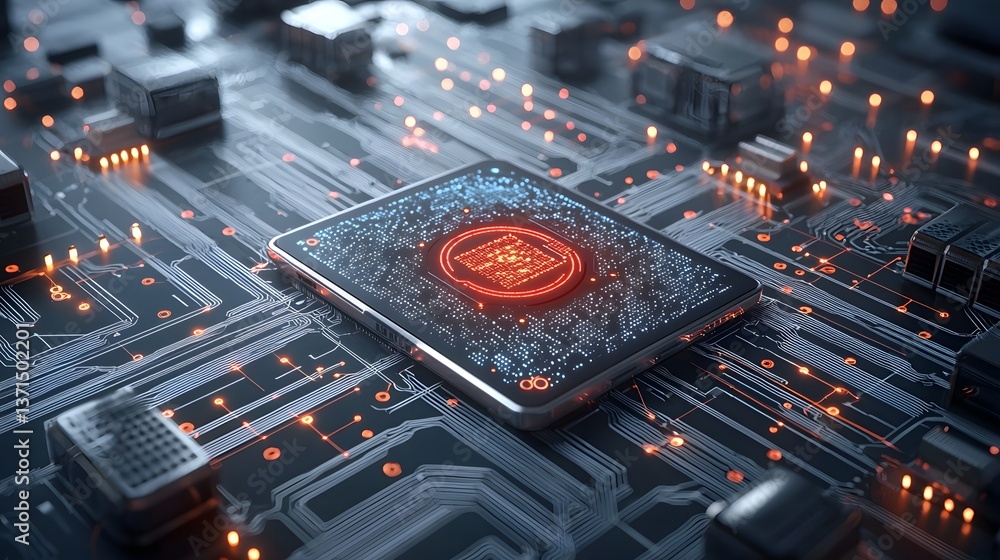 Poster an ultra detailed futuristic chip embedded in a holographic circuit board surrounded by pulsing data