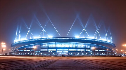 Obraz premium Night Illuminated Stadium With Blue Lights And Foggy Sky Photo