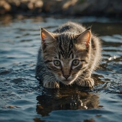 A kitten curiously pawing at the water&rsquo;s edge.