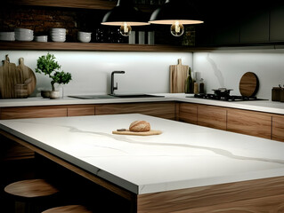 Modern Kitchen Interior Photo Showing White Counter Wood Cabinet and Light