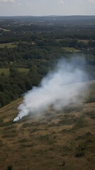 Smoke Rising From Field with Trees in Background Aerial View