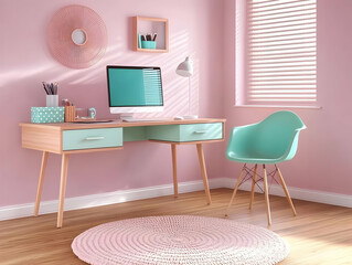 Pastel Pink Home Office Interior Illustration With Mint Green Chair and Desk