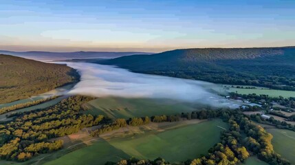Fototapeta premium Foggy Valley Aerial View with Rolling Hills Landscape at Sunrise