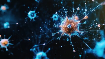 A digital hologram of the immune system, showing interconnected defense mechanisms against pathogens. The futuristic dark background represents advanced medical technology.