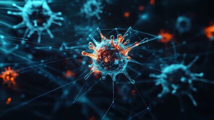 A digital hologram of the immune system, showing interconnected defense mechanisms against pathogens. The futuristic dark background represents advanced medical technology.