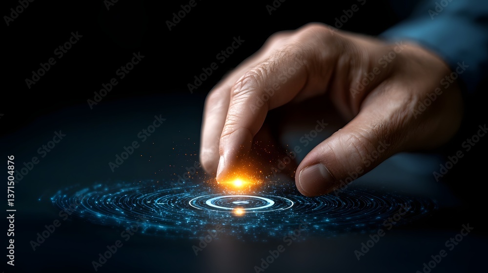 Aufkleber futuristic ai powered digital identification system with human hand interacting with holographic use