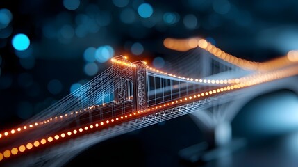 Obraz premium Futuristic architectural design of a modern high tech bridge under construction showcasing a holographic projection with intricate wireframe details and a glowing blueprint aesthetic