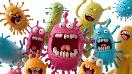 Fototapeta premium A whimsical depiction of a bacteria party, animated characters, joyful expressions, isolated on white background