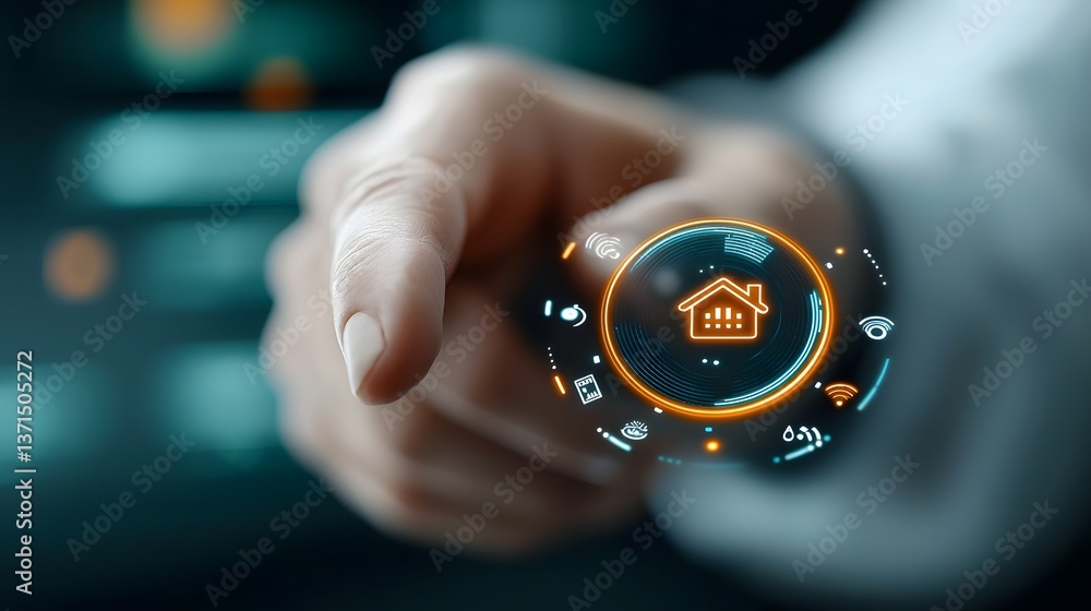 Poster futuristic gesture controlled smart home holographic interface with icons symbolizing hands free bed