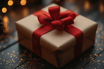 Gift Box with Red Ribbon on Rustic Wooden Surface Surrounded by Golden Glitter for Christmas Celebration and Holiday Background