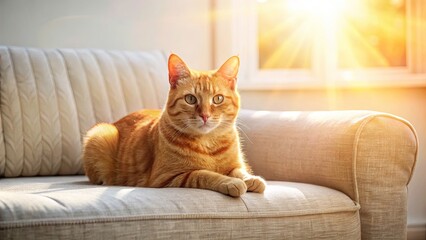 Sunbathed Ginger Cat Relaxing on Couch - Cozy Pet Photo