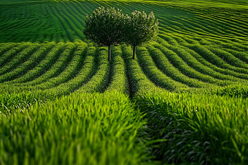 Photo Of A Green Field With A Single Tree Under The Bright Sunlight
