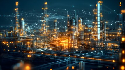 A city skyline with many buildings and a lot of lights. The lights are glowing and the city looks like it's in a futuristic world