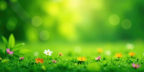 Obraz premium Vibrant Spring Meadow with Blooming Wildflowers in Lush Green Grass under a Sunny Sky