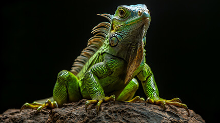 Obraz premium Exotic Green Iguana Staring in Nature - Vibrant Lizard Close-Up in Tropical Forest Habitat