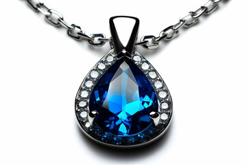 Photo of a Shiny Silver and Blue Teardrop Gemstone Necklace on White Background