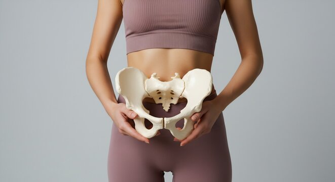 Woman in sportswear holding a model of a human pelvis, anatomical study, healthcare concept.