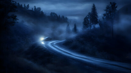 Fototapeta premium Photo of a Winding Dirt Road in a Misty Forest at Night with Blue Hues