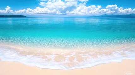Fototapeta premium Serene beach scene with turquoise water and gentle waves under a bright blue sky