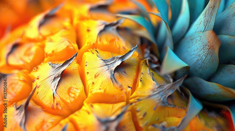 Poster close-up of vibrant pineapple skin with intricate texture and color variation in a tropical setting