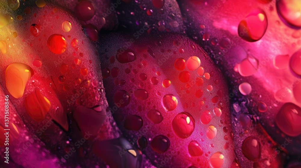 Poster close-up of colorful water droplets on a vibrant surface with abstract patterns and rich textures