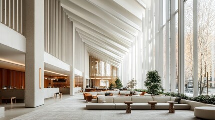 Modern building lobby; spacious interior; natural light; seating area; urban background; corporate use