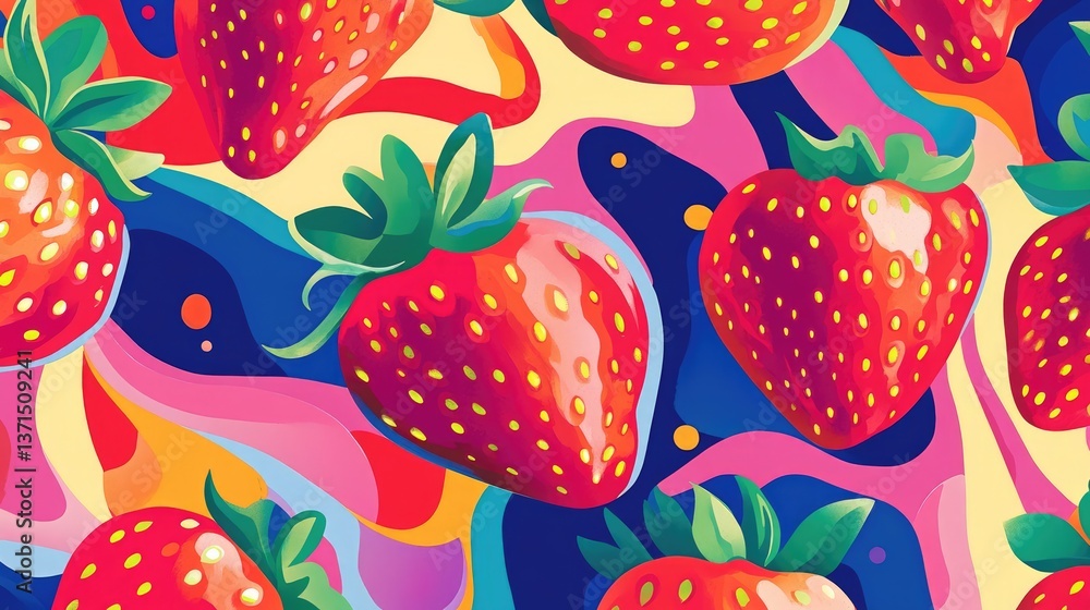 Poster colorful and vibrant strawberry pattern with artistic swirls and abstract background
