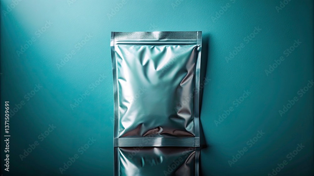 Poster top-down tilt-shift photography of a plastic pouch on a solid color backdrop with reflection effect 
