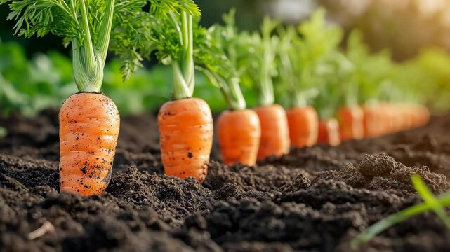 Bright orange carrots growing in rich soil under the warm sunlight during a sunny day on a vegetable farm