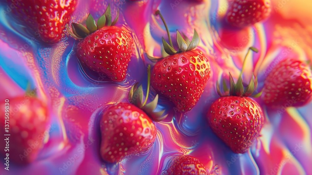 Poster fresh strawberries in vibrant colorful background with smooth texture and swirling patterns