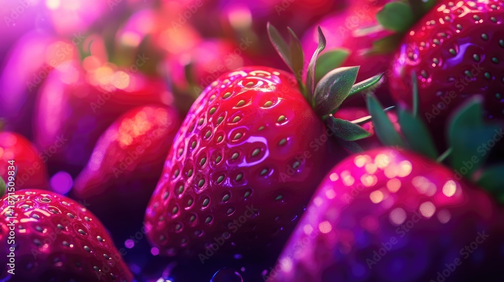 Poster vibrant close-up of fresh strawberries with reflective surface and colorful bokeh background