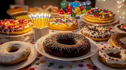 Photo Of Donuts Dessert With Candles On The Table And Colorful