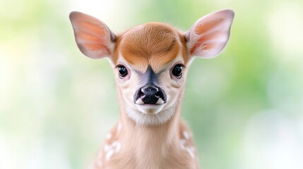 Adorable fawn in the forest.  A sweet, innocent, young deer with large ears and  soft fur, facing the camera.  Blurry out of focus background, showing a nature theme