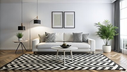 Modern Minimalist Living Room: Black White Zig Zag Rug, Urban Exploration Photography Style