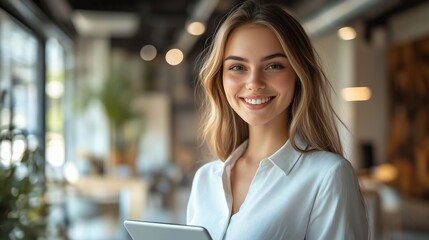 Confident 30s female sales manager holding digital tablet in modern office, smiling at camera