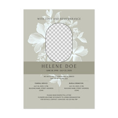 Floral funeral service invitation template features a translucent floral design and an oval placeholder for a photo on a soft green background. The overall tone is somber and respectful