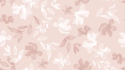 Fototapeten Floral seamless pattern features translucent flowers in shades of white and light brown on a light pink background. The flowers and leaves have a painterly, slightly abstract quality © momosama