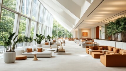 Modern lobby lounge, city view, natural light, plants, relaxation