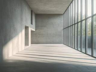 Obraz premium Modern Concrete Loft Room with Nature View and Sunlight